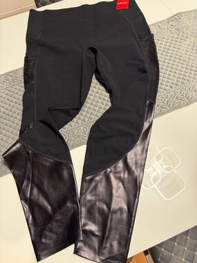 SPANX Black Leggings with Faux Leather Panels